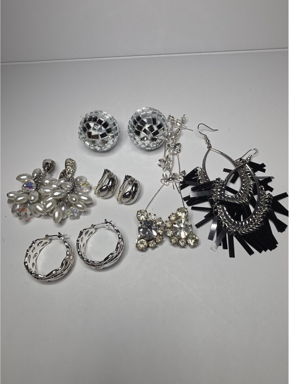 Lot of 7 Silver Tone Fashion Jewelry Clip on Drop Hoop Stud Earrings